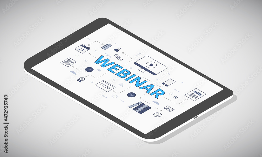 webinar concept on tablet screen with isometric 3d style