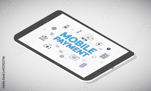 mobile payment concept on tablet screen with isometric 3d style