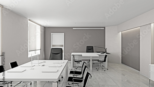 Modern office interior with glass and concrete 3D rendering