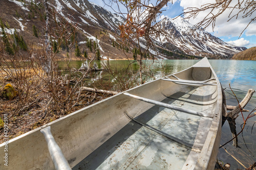 Steel frame canoe in outdoor setting with snow on mountains in distance and tree in foreground. 