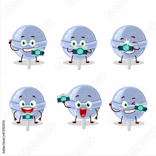 Photographer profession emoticon with sweet blueberry lolipop cartoon character