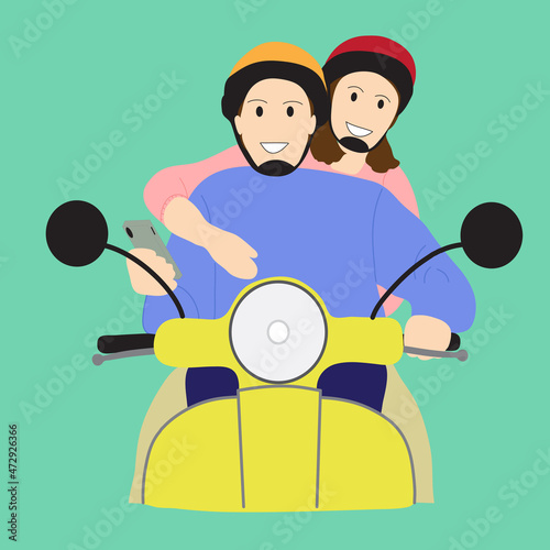 Vector illustration of happy couple enjoy the ride