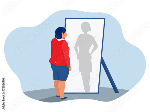 Fat businesswoman looks with a mirror and the dream of losing weight concept vector