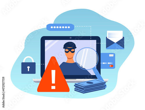 Fototapeta Naklejka Na Ścianę i Meble -  vector illustration on the topic of online fraud, cyber security. laptop with fraudster image, warning sign, money, bank card, passwords. trend illustration in flat style