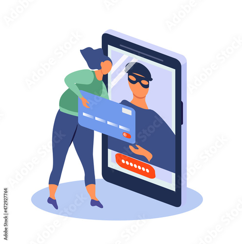vector illustration on the topic of online fraud. on the smartphone screen - a fraudster. he tries to take the woman's bank card. trend illustration in flat style
