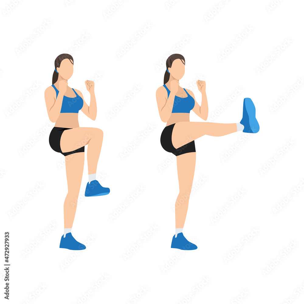 Woman doing Front kick exercise. Flat vector illustration isolated on white background