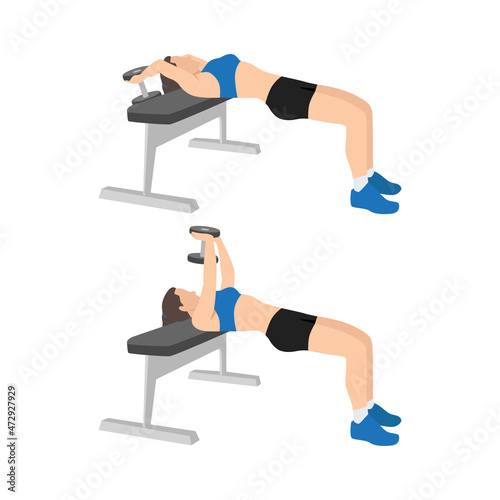 Woman doing dumbbell pullover exercise. Flat vector illustration isolated on white background