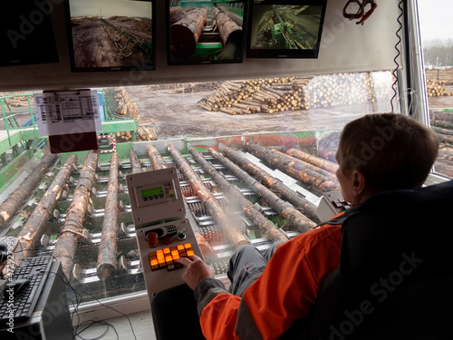 Specialist at the sawmill. Log sorting shop.