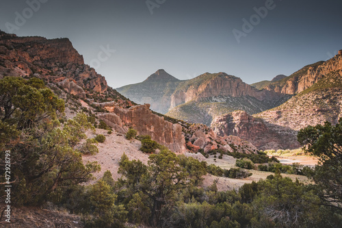 Landscape photo on a stone wall background in Echo Park Campground, Dinosaur Nation Monument, Utah and Colorado, USA