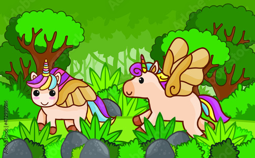 Fototapeta Naklejka Na Ścianę i Meble -  Cute cartoon unicorn with background illustration  jungle