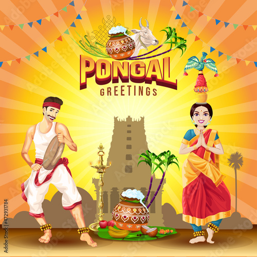 Pongal greetings with Tamil folk dance performance celebration