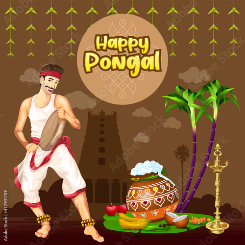 Pongal greetings with Tamil Folk Dancer playing Drum