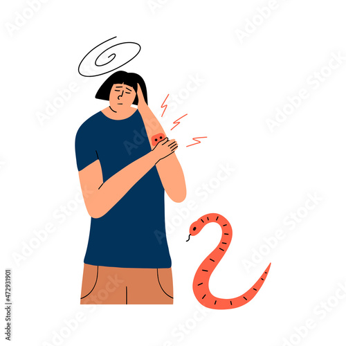 The girl was bitten by a venomous snake. Poisoning symptoms. Vector illustration in flat style