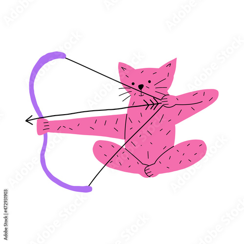 Cute pink cat cupid with bow and arrow. Valentine's day animal character. Vector illustration in flat style