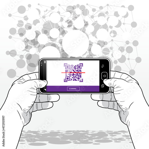 A person using their Smart Phone camera interface to scan a QR Code. The background detail represents the global connection and communication networks which help support this connection technology.