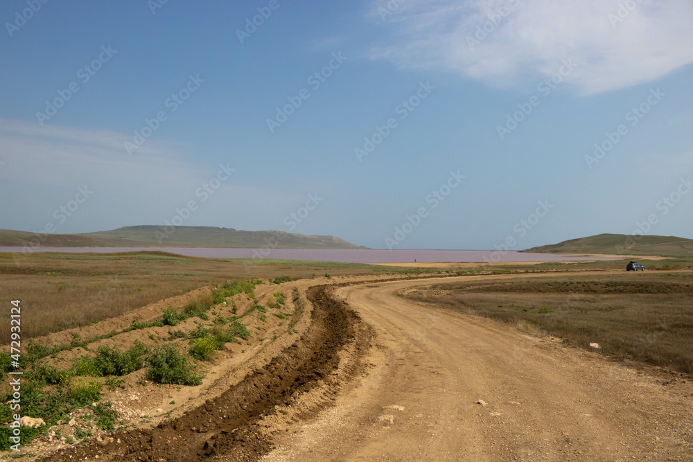 An empty dirt road near the pink lake on a summer day