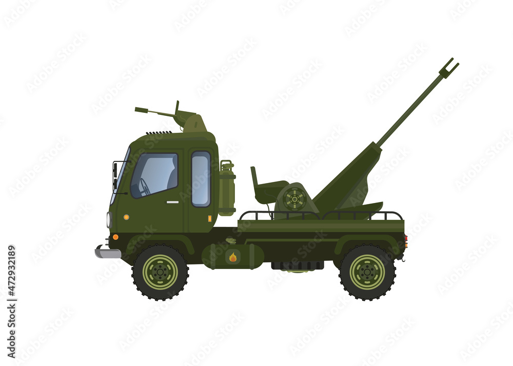 vector illustration of military missile launcher car. Branded with green military stripe pattern. Looks perspective. With a white background, isolated.
