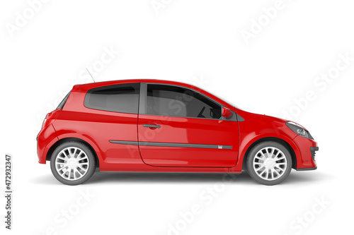 Red small car on white background mock up