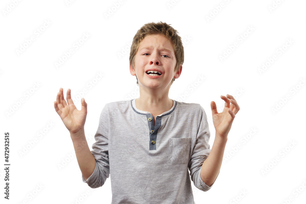 crying caucasian boy, isolated on white background. crying caucasian boy, isolated on white background.