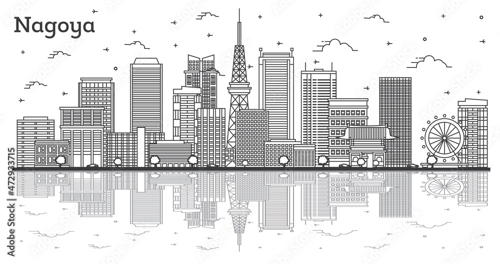 Fototapeta premium Outline Nagoya Japan City Skyline with Modern Buildings and Reflections Isolated on White.