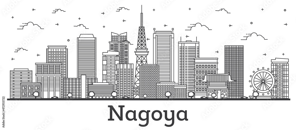 Outline Nagoya Japan City Skyline with Modern Buildings Isolated on White.