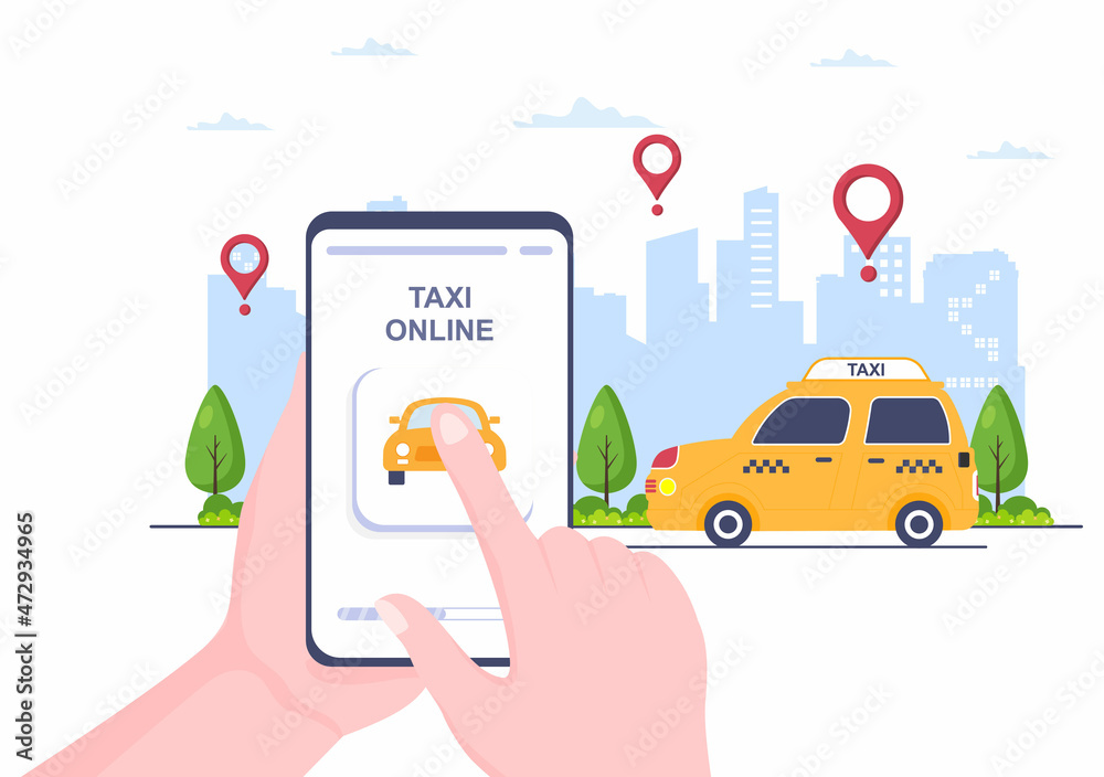Online Taxi Booking Travel Service Flat Design Illustration via Mobile App on Smartphone Take Someone to a Destination Suitable for Background, Poster or Banner Online Taxi Booking Travel Service Flat Design Illustration via Mobile App on Smartphone Take Someone to a Destination Suitable for Background, Poster or Banner