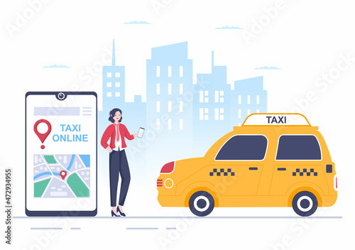 Online Taxi Booking Travel Service Flat Design Illustration via Mobile App on Smartphone Take Someone to a Destination Suitable for Background, Poster or Banner
