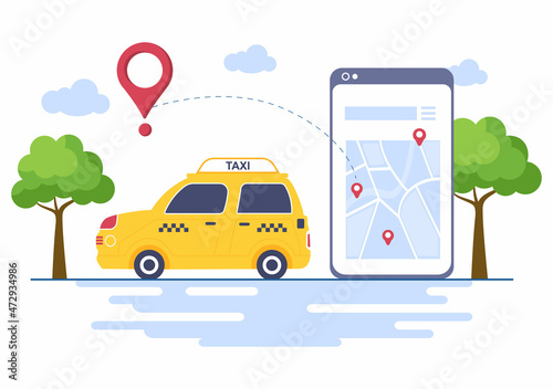 Online Taxi Booking Travel Service Flat Design Illustration via Mobile App on Smartphone Take Someone to a Destination Suitable for Background, Poster or Banner
