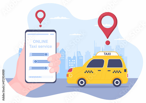 Online Taxi Booking Travel Service Flat Design Illustration via Mobile App on Smartphone Take Someone to a Destination Suitable for Background, Poster or Banner