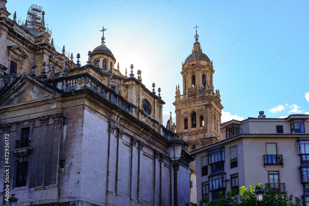 City of Jaen with a tall tower of its UNESCO World Heritage Cathedral. Andalusia.