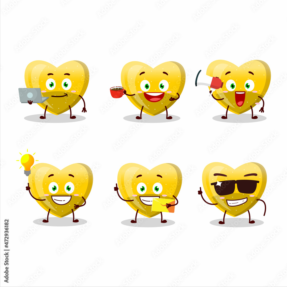 Yellow love gummy candy cartoon character with various types of business emoticons