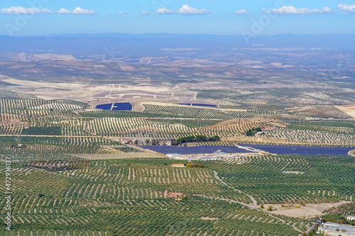 Aerial view of the endless olive groves and solar power plants in Jaen, Spain. © josemiguelsangar