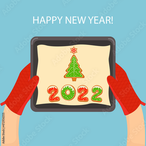Vector Greeting Card Happy New Year 2022 with Christmas cookies on a baking sheet. Vector illustration.  For holiday cards, congratulations, print