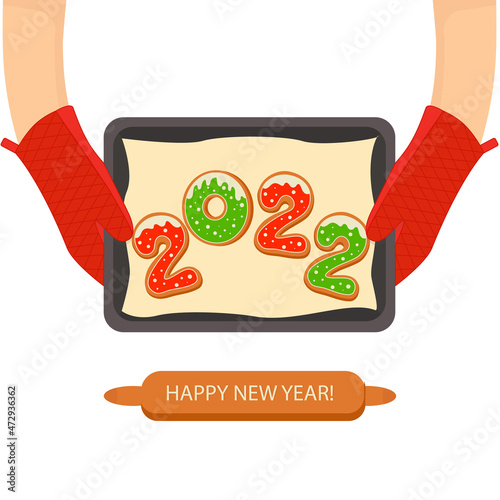 Vector Greeting Card Happy New Year 2022 with Christmas cookies on a baking sheet. Vector illustration.  For holiday cards, congratulations, print