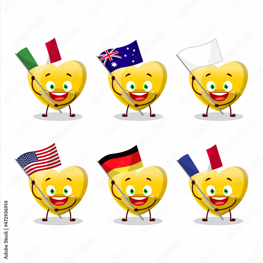 Yellow love gummy candy cartoon character bring the flags of various countries