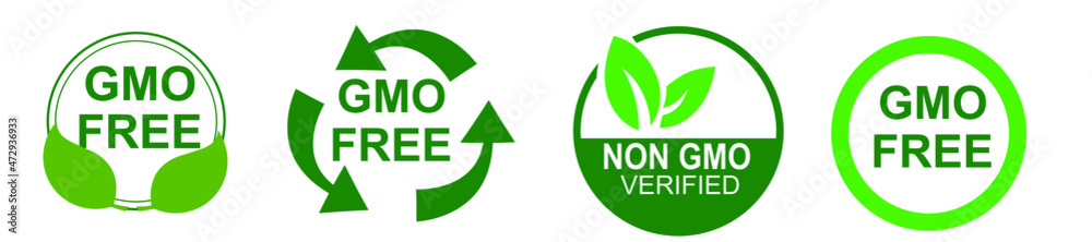 GMO free icons. Non GMO label set. Healthy organic food concept. No GMO design elements for tags, product packag, food symbol, emblems, stickers. Vegan, bio. Vector illustration GMO free icons. Non GMO label set. Healthy organic food concept. No GMO design elements for tags, product packag, food symbol, emblems, stickers. Vegan, bio. Vector illustration