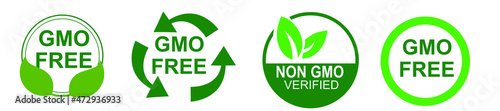 GMO free icons. Non GMO label set. Healthy organic food concept. No GMO design elements for tags, product packag, food symbol, emblems, stickers. Vegan, bio. Vector illustration