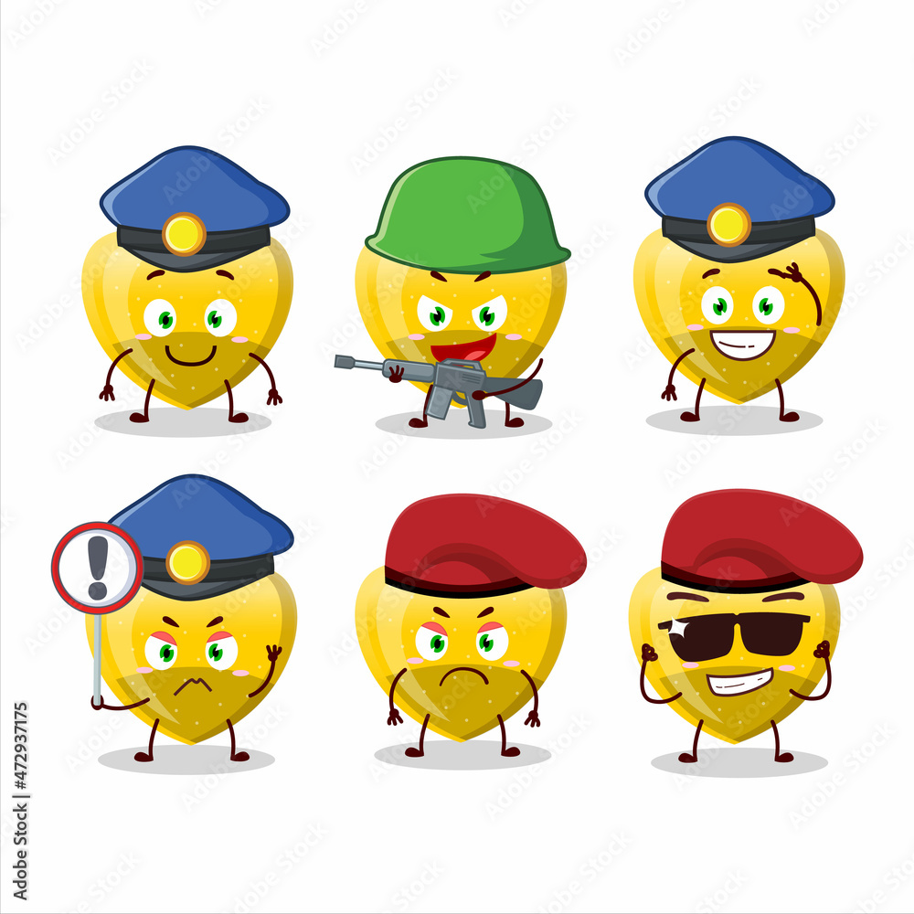 A dedicated Police officer of yellow love gummy candy mascot design style A dedicated Police officer of yellow love gummy candy mascot design style