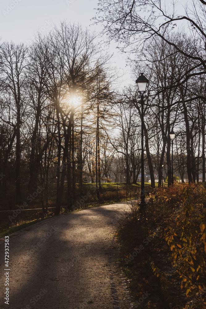 Beautiful walking path in a park on a sunny autumn day with bare trees, light posts, sun and many shadows. Beautiful walking path in a park on a sunny autumn day with bare trees, light posts, sun and many shadows.