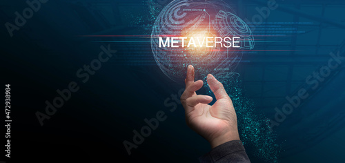 Metaverse of Global digital virtual technology with Businessmand hand in dark color background. Of free space for copy and branding. 3D illustration.