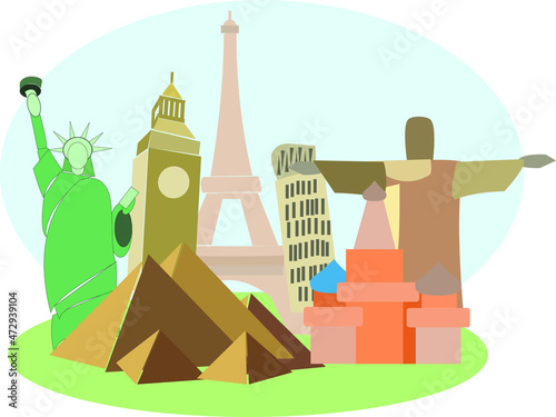7 wonders of the world include pyramid jesus liberty pisa eiffel taj mahal big ben for world travel concept