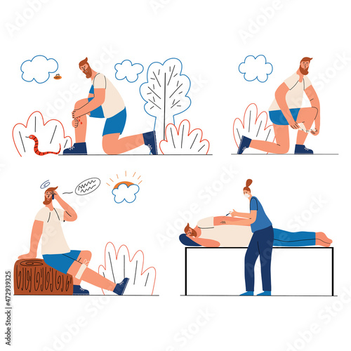 First aid for a venomous snake bite. A man takes action for his health. Vector illustration in flat style
