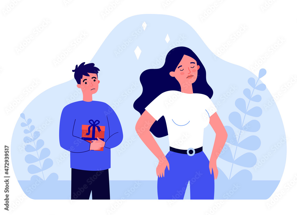 Sad man giving love gift to refusing woman turning back. Unhappy date of couple flat vector illustration. Breakup, bad relationship, rejection concept for banner, website design or landing web page