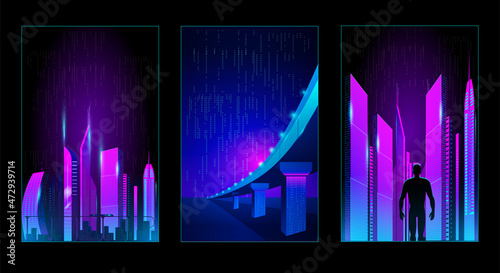 A set of images with data streams, such as a dark city, moving on a dark neon background. Vector abstract background in cyberpunk style. A set of vertical posters or cover templates.