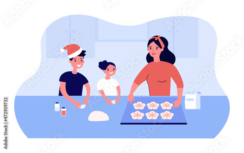 Mom with kids making Christmas cookies in kitchen. Little children helping woman flat vector illustration. Happy family cooking time, childhood concept for banner, website design or landing web page