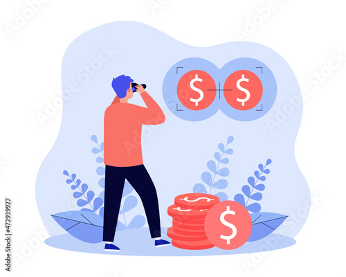 Tiny man looking through binoculars at money in distance. Search for person of success in career, salary flat vector illustration. Investment concept for banner, website design or landing web page