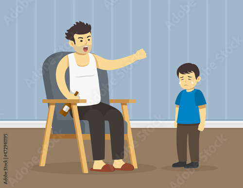 Drunkard male character holding bottle in his hand and yelling to his child while sitting on chair at home.Crying kid beside his father.Flat vector illustration template.