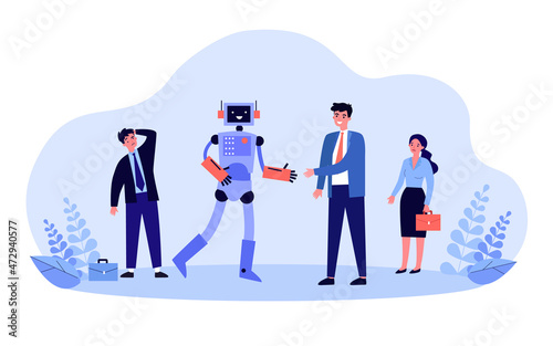 Boss shaking hands with robot, standing near office workers. AI replacing human employees flat vector illustration. Unemployment, automation concept for banner, website design or landing web page