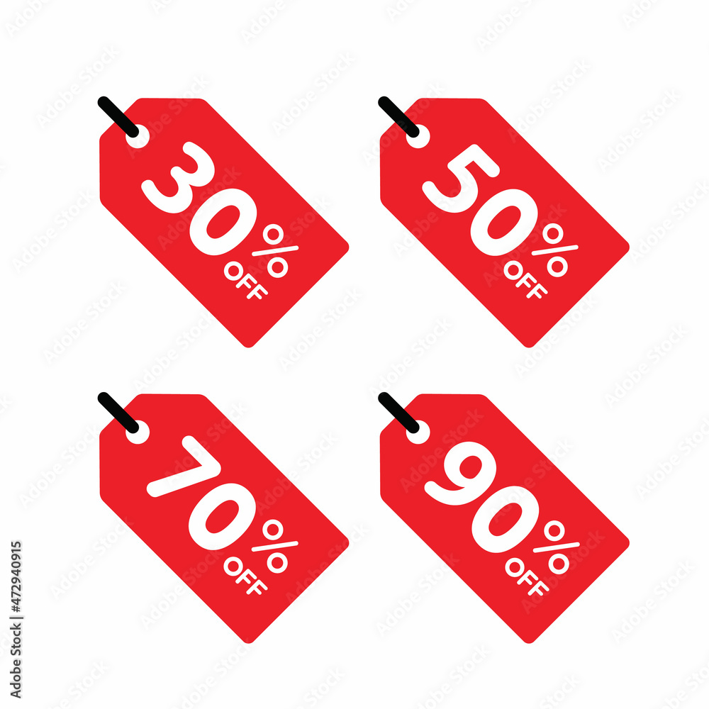 Red 30% 50% 70% 90% sale tag icons. Simple special shopping sale label ...