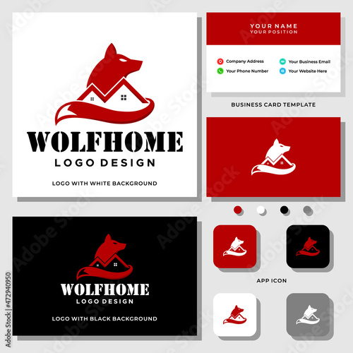 Wolf and real estate logo design with business card template. photo